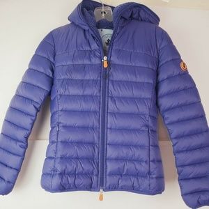Save The Duck Women’s Ultra Light Jacket Hooded Coat Size 0 XS Purple Puffer GUC